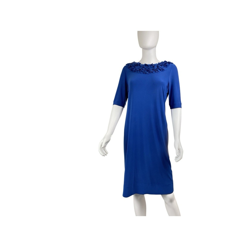 TAYLOR Navy Blue Shift Dress Polyester Short Sleeve Rosette Collar Detail  Sz 6‎